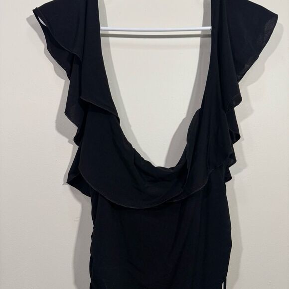 NWOT BCBGMAXAZRIA Black Layered Midi Length Cap Sleeve Ruffle Dress - Picture 4 of 5